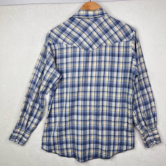 Vintage Wrangler Single Stitch Pearl Snap Western Blue Plaid Shirt Size Medium - Picture 5 of 5
